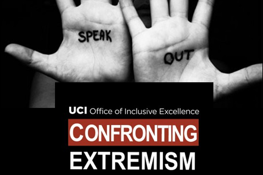 hands with the words saying Speak out and a banner with the words Confronting Extremism initiatives